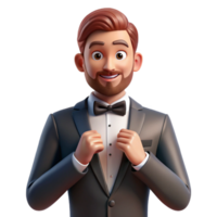 captivating geometric Groom in tuxedo adjusting his bow tie with Transparent Background expertly shot png