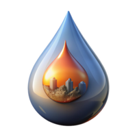 coveted avant-garde Concept art style, isolated cutout of a single, giant, hyperrealistic tear drop, reflecting a distorted image of a burning cityscape with Transparent Background exclusive png