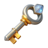 captivating distinctive Ultra-detailed, photorealistic, isolated cutout Professional render of a silver and gold key with intricate engravings and a glowing crystal tip with Transparent Background png