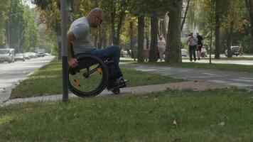 Person using a wheelchair rests under a tree near a pedestrian area. video