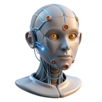 dazzling avant-garde Humanoid robot head with exposed wires and glowing circuits with Transparent Background expertly shot png