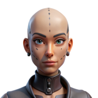 nostalgic captivating Female cyborg portrait, intricate face tattoos, shaved head with Transparent Background authentic png