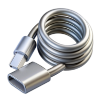 alluring unparalleled Professional render of a single silver metallic USB-C cable, coiled neatly, isolated cutout with Transparent Background png