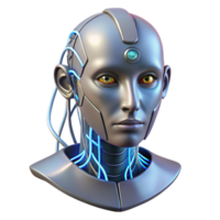 acclaimed bohemian Humanoid robot head with exposed wires and glowing circuits with Transparent Background luxury png