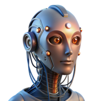 radiant exceptional Humanoid robot head with exposed wires and glowing circuits with Transparent Background png