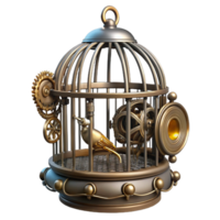 serene bohemian Steampunk birdcage with intricate metalwork and a clockwork bird with Transparent Background detailed png