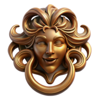 hypnotic playful retro Isolated cutout, hyper-specific, concept art style of an Art Nouveau door knocker, brass, stylized face with flowing hair with Transparent Background ultra HD png