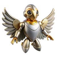 majestic timeless Ultra-detailed, concept art style illustration of a single, highly detailed, sleek silver and gold robot bird with flapping wings with Transparent Background png