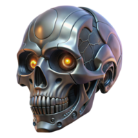 enchanting unforgettable Ultra-detailed isolated cutout of a biomechanical skull, intricate engravings, glowing eyes, metallic jaw, with Transparent Background png