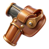 pristine avant-garde Photorealistic, isolated cutout of an ultra-detailed ray gun holster made of tooled leather and polished brass with Transparent Background sharp png