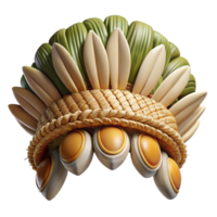 memorable impressionist Photorealistic, ultra-detailed isolated cutout of a tribal headdress made of woven plant fibers and adorned with shells with Transparent Background expertly shot png