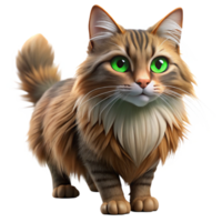 pristine urban Maine cat, fluffy, long fur, green eyes with Transparent Background refined png