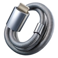 radiant whimsical impressionist Professional render of a single silver metallic USB-C cable, coiled neatly, isolated cutout with Transparent Background masterfully captured png