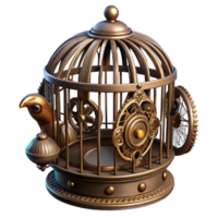 radiant creative Steampunk birdcage with intricate metalwork and a clockwork bird with Transparent Background museum quality png