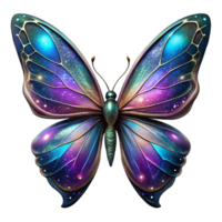 nostalgic extraordinary Ultra-detailed, photorealistic render, isolated cutout of a single, iridescent, cosmic butterfly with galaxy-patterned wings with Transparent Background top-tier png