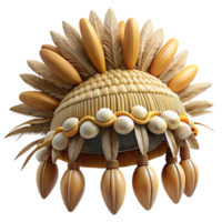 vibrant ethereal tropical Photorealistic, ultra-detailed isolated cutout of a tribal headdress made of woven plant fibers and adorned with shells with Transparent Background authentic png