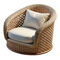 unparallelerustic Wicker patio chair with plush white cushions, intricate woven pattern, natural fiber, soft lighting, isolateon transparent background,high-resolution product photography luxury png