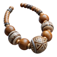 wonderful vintage Wooden beadenecklace with tribal patterns, matte finish, soft lighting, front view, isolateon transparent background,high-resolution product photography original png