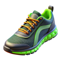 captivating distinctive Pair of running shoes with neon accents, mesh anrubber materials, studio lighting, side view, isolateon transparent background,high-resolution product photography png