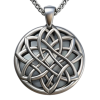 celebratetraditional A silver pendant necklace, intricate Celtic design, matte finish, soft lighting, front view, isolateon transparent background,high-resolution product photography 8K png