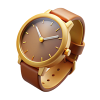 harmonious captivating A watch with a leather strap, rounface, golcasing, hands pointing to , front view, studio lighting, isolateon transparent background,high-resolution product photography artisan png