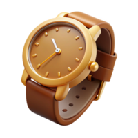 serene coveteA watch with a leather strap, rounface, golcasing, hands pointing to , front view, studio lighting, isolateon transparent background,high-resolution product photography png