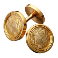 striking whimsical tropical A pair of cufflinks, gold, circular shape, engravepattern, studio lighting, top-down view, isolateon transparent background,high-resolution product photography original png