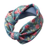 reflective exquisite A fabric headband, floral print, knottedesign, top-down view, soft lighting, with transparent background,high-resolution product photography detailed png