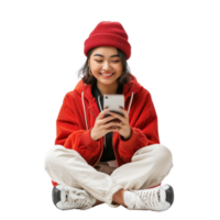 A girl in a red jacket and beanie is sitting on the floor and using her phone png