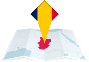 Chad pin flag and map on a folded map png