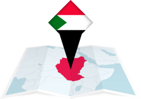 Sudan pin flag and map on a folded map png