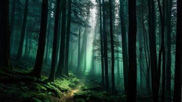 A path through a dark forest with green trees photo