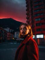 A woman in red coat standing in the middle of an empty street at sunset photo