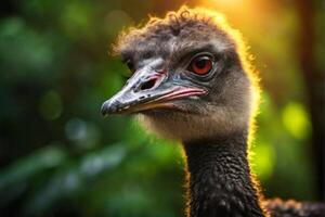 An ostrich looking at the camera with the sun behind it photo