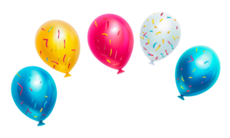 A bunch of balloons with sprinkles on them. There are five balloons in total. The balloons are in different colors and sizes png