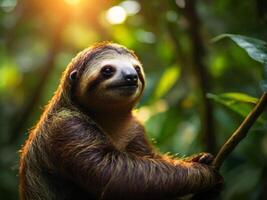 A sloth is sitting on a branch in the jungle photo