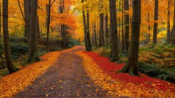 A path through the woods with red and yellow leaves photo