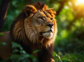 A lion is sitting in the grass with the sun shining photo