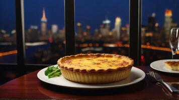A quiche and a glass of wine on a table in front of a cityscape photo