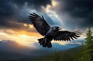 A black crow flying over a mountain range photo