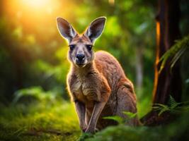 A kangaroo in the forest at sunset photo