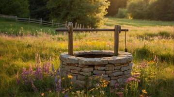 An old well in a field with flowers and trees photo
