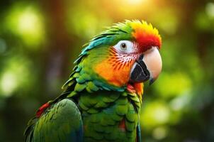 A colorful parrot is standing in front of a green background photo