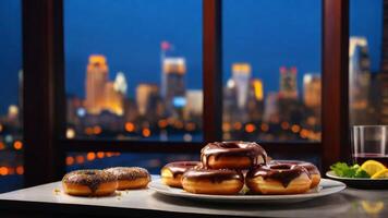 A table with a plate of donuts and a glass of lemonade photo