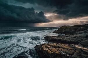 Stormy sky over the ocean with rocks and waves photo