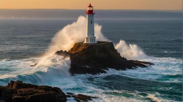 A lighthouse is surrounded by waves and crashing into the rocks photo