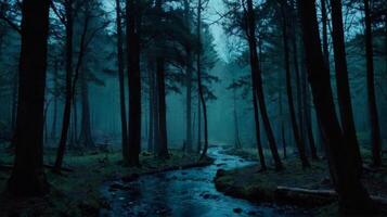 A stream runs through a dark forest at night photo