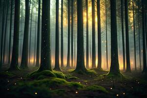 Enchanted Forest Background with Aesthetic Nature and Trees in a Mystical Green Ecosystem Scene photo