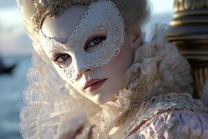 A person in an intricate lace mask and lavish historical attire gazes thoughtfully by the water as the sun sets, casting a warm glow on the scene and highlighting exquisite details photo