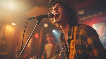 A man singing into a microphone while other people are playing instruments photo